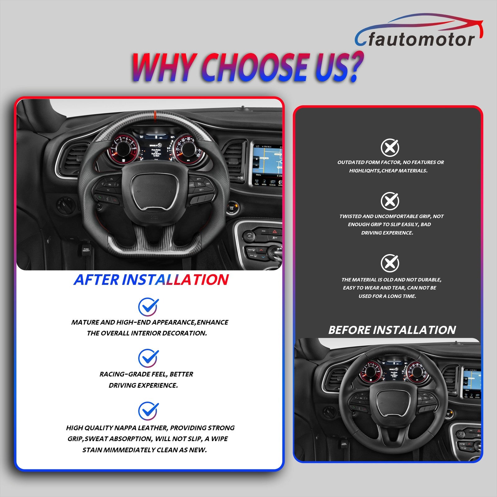 Real Carbon Fiber Sport Steering Wheel Fit 2015-2022 Chrysler 300 300C Red Line