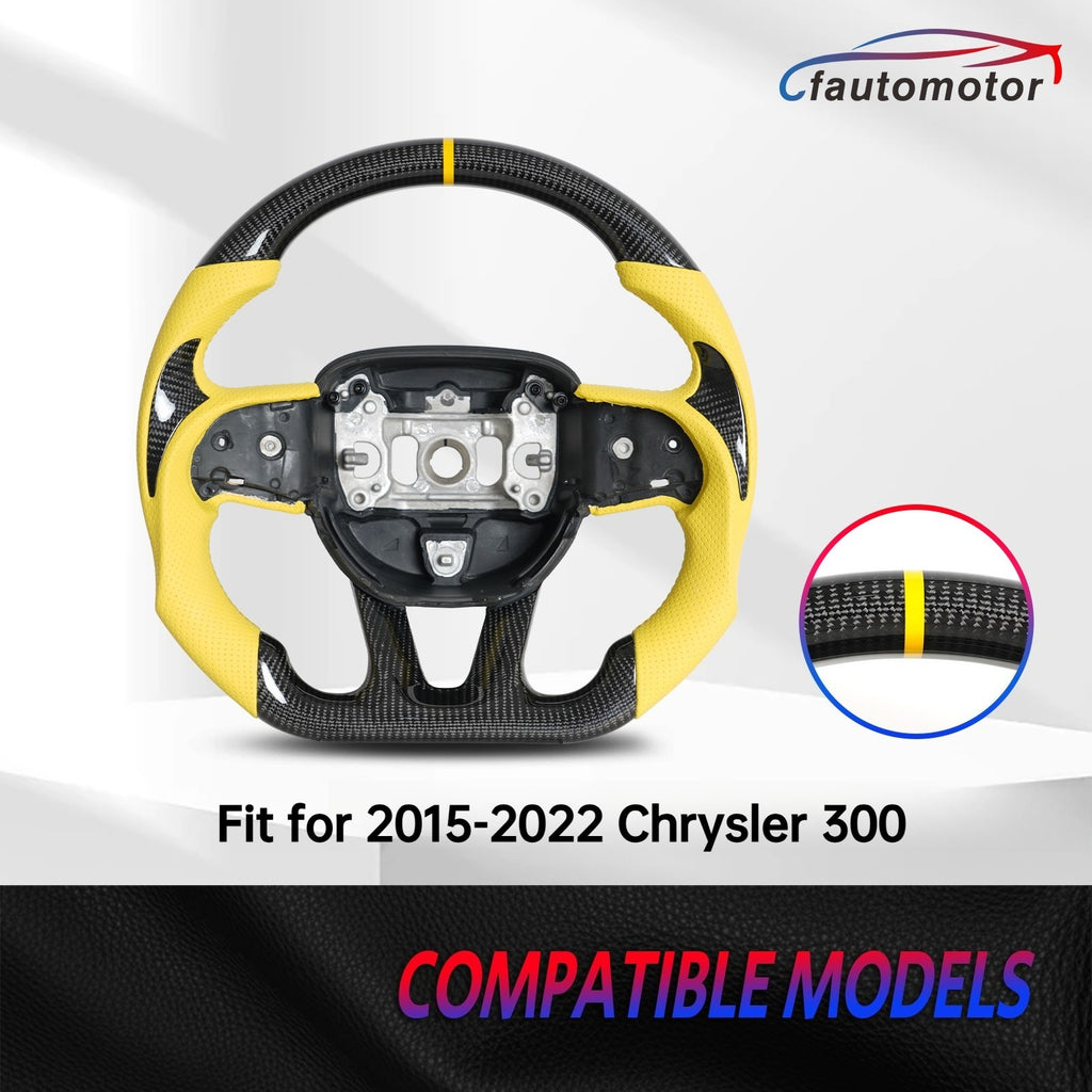 Real Carbon Fiber Steering Wheel Yellow Leather for 2015-2022 Chrysler 300 300C