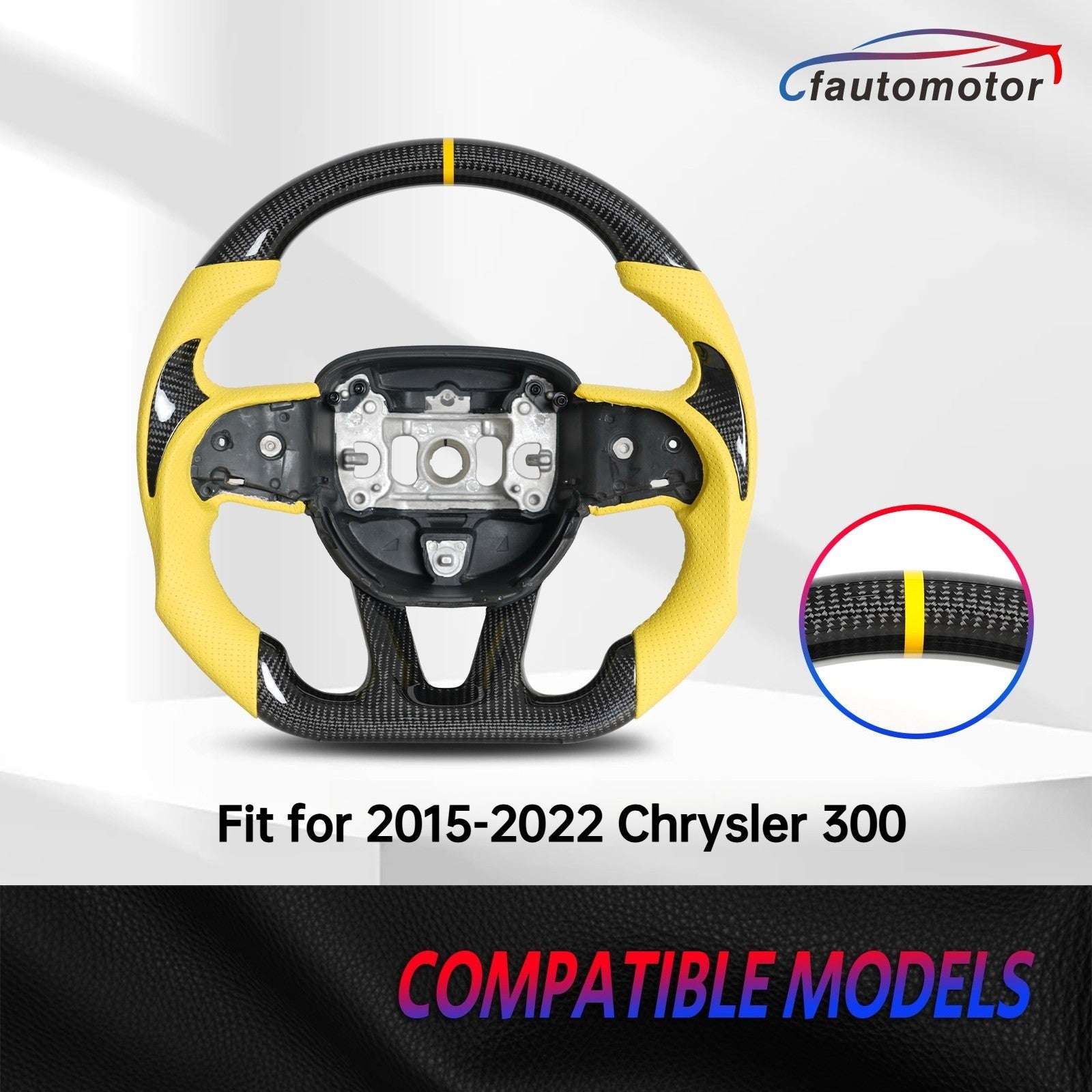 Real Carbon Fiber Steering Wheel Yellow Leather for 2015-2022 Chrysler 300 300C