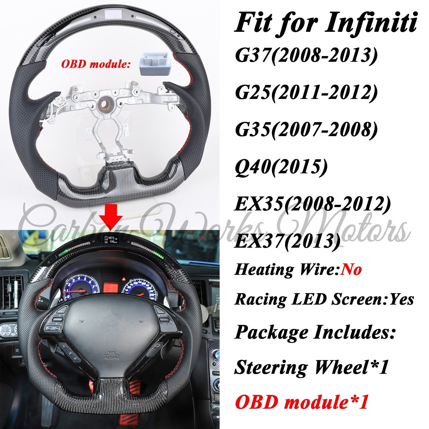 LED Carbon Fiber Steering Wheel for Infiniti G25 G37 G35 Q40 EX35 EX37 2008-2015
