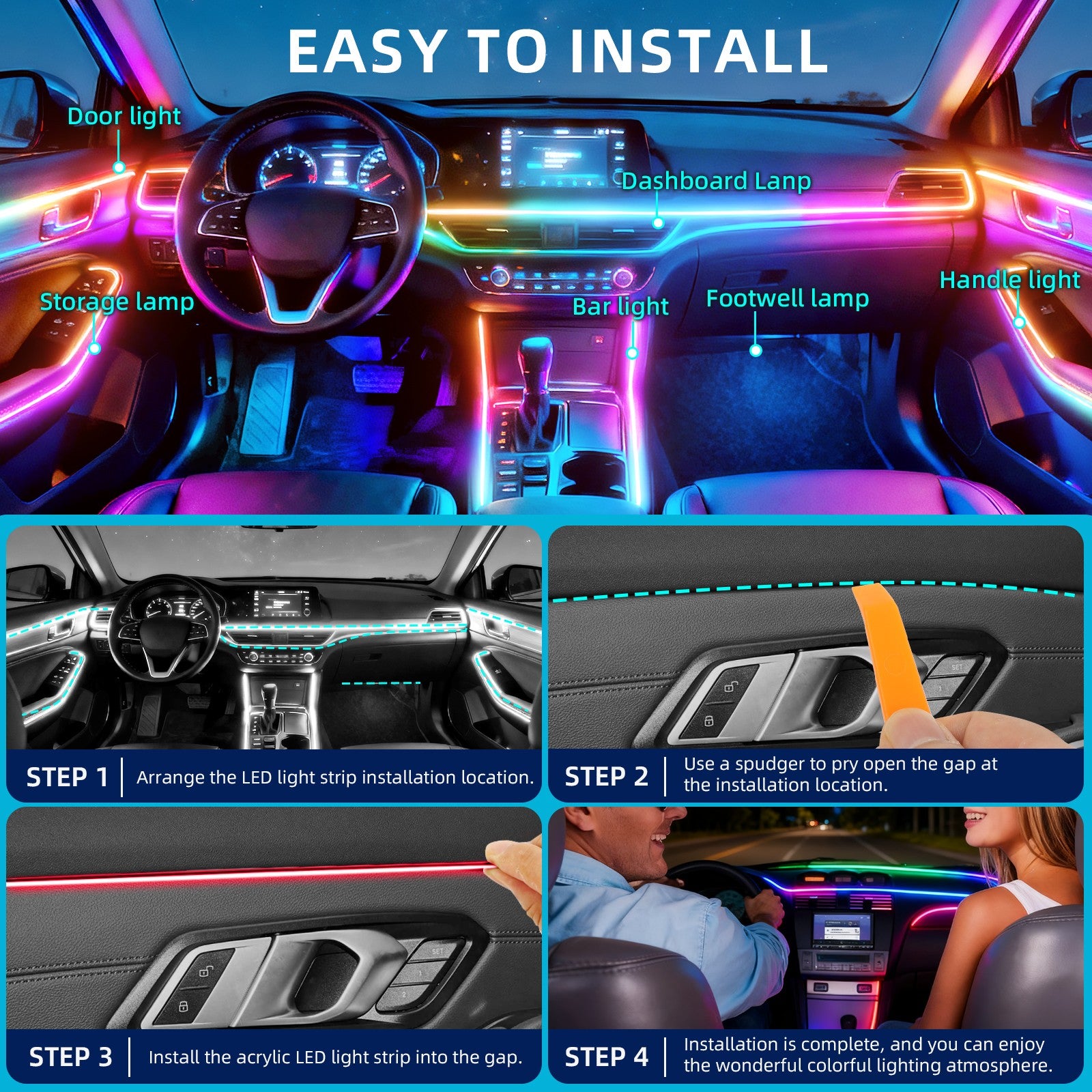 10 in 1/ 2 in 1 LED Neon Interior Strip Light RGB Ambient Light for Toyota Camry