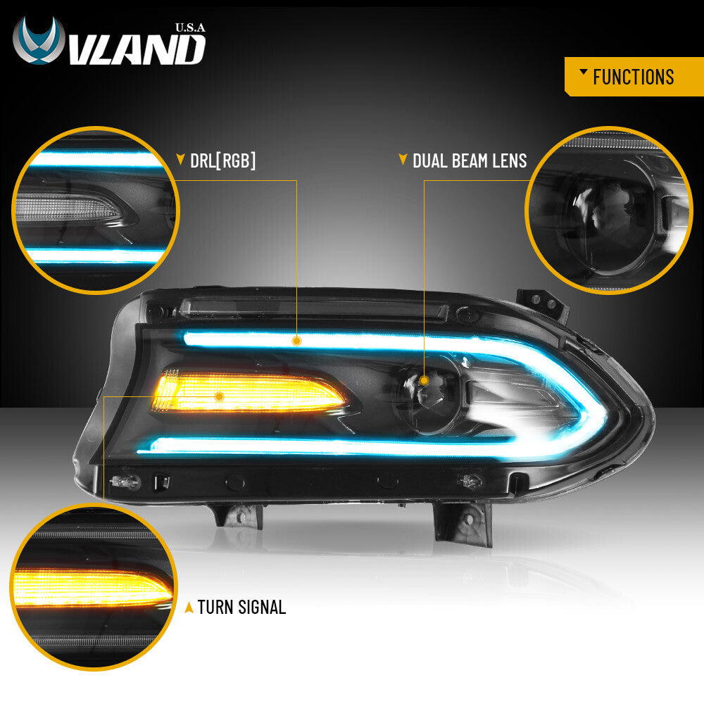VLAND LED Headlights W/Rgb DRL for 2015-2023 Dodge Charger R/T,SE,SRT,SXT Lamps
