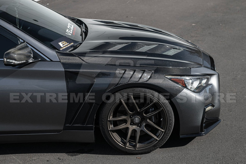 For 14-Up Infiniti Q50 CARBON FIBER Front Vented Hood Cover & Side Fender Pair