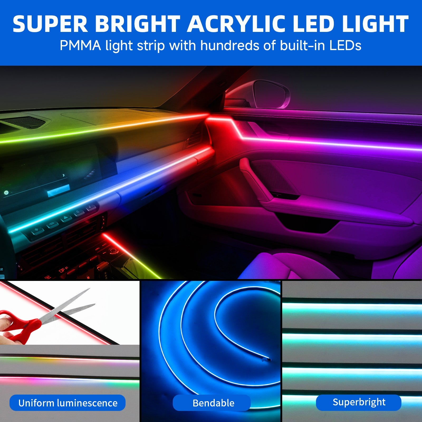 10 in 1/ 2 in 1 LED Neon Interior Strip Light RGB Ambient Light for Toyota Camry