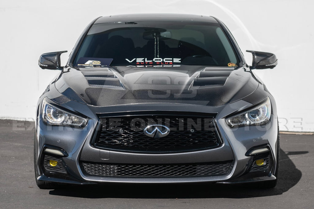 For 14-Up Infiniti Q50 CARBON FIBER Front Vented Hood Cover & Side Fender Pair
