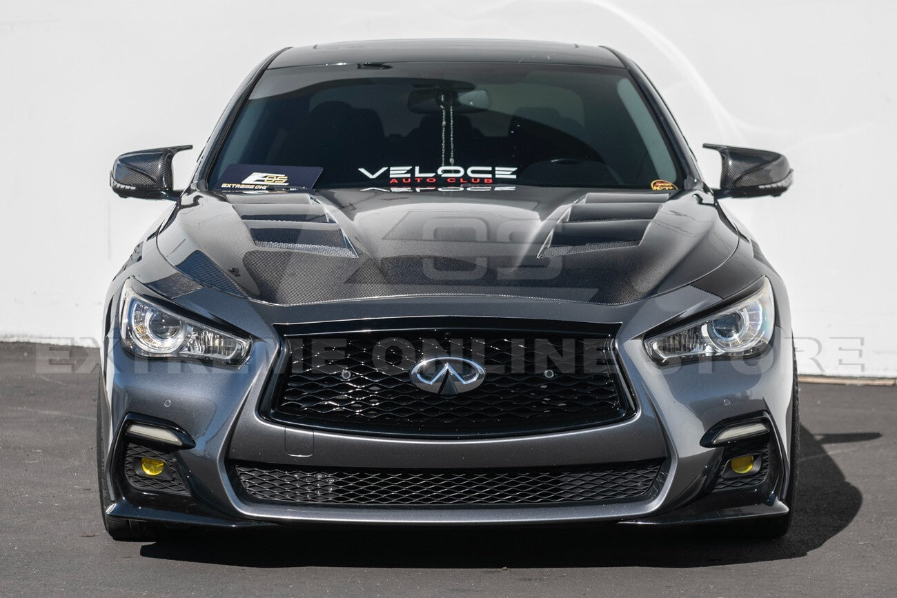 For 14-Up Infiniti Q50 CARBON FIBER Front Vented Hood Cover & Side Fender Pair