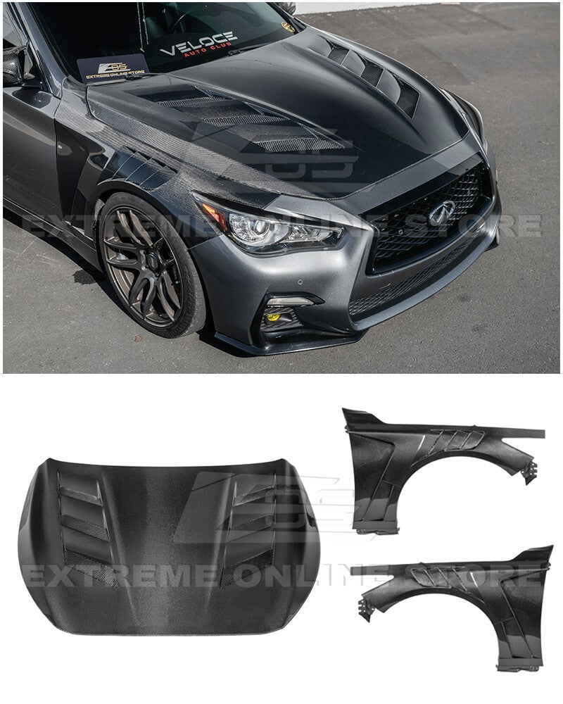 For 14-Up Infiniti Q50 CARBON FIBER Front Vented Hood Cover & Side Fender Pair