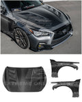For 14-Up Infiniti Q50 CARBON FIBER Front Vented Hood Cover & Side Fender Pair