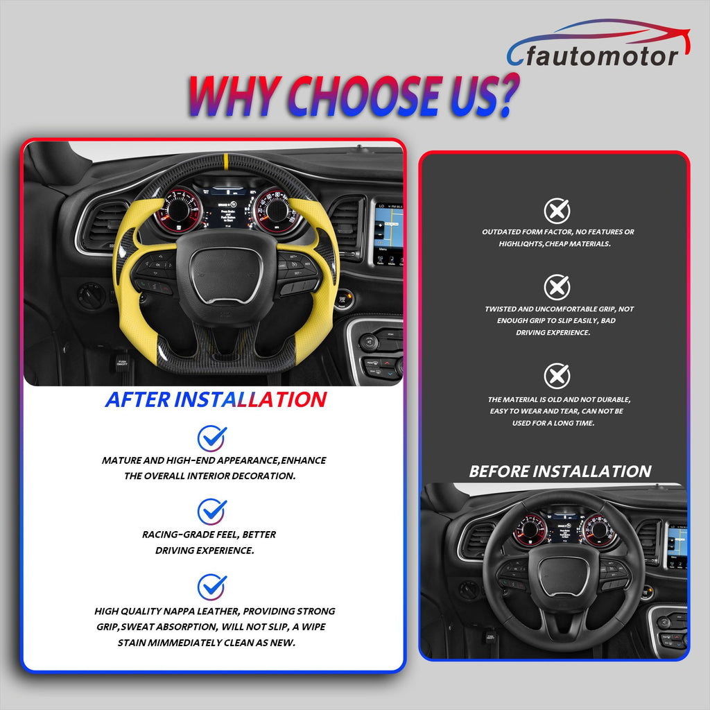 Real Carbon Fiber Steering Wheel Yellow Leather for 2015-2022 Chrysler 300 300C