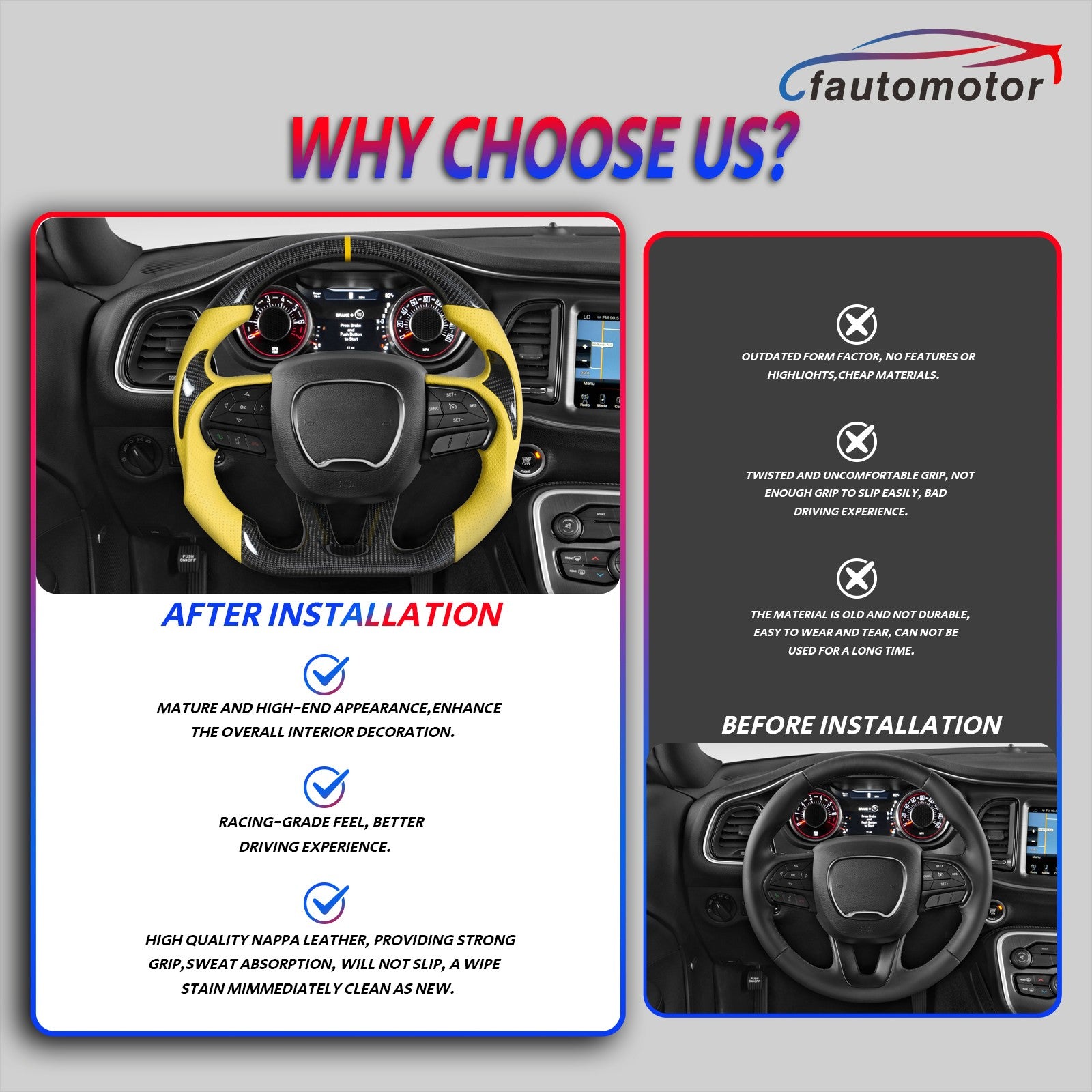 Real Carbon Fiber Steering Wheel Yellow Leather for 2015-2022 Chrysler 300 300C