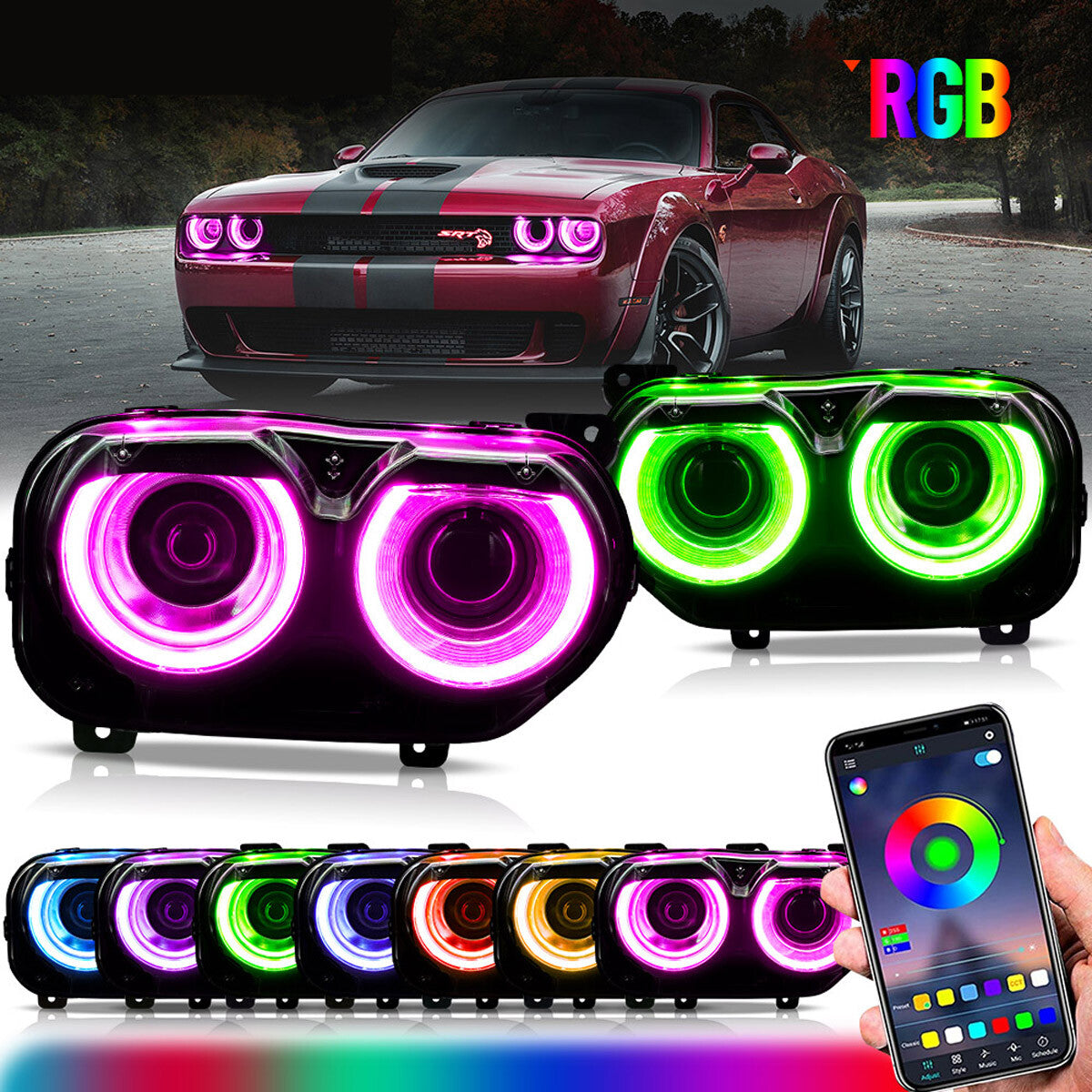 Pair LED Headlights RGB Color Change Lamps for 2015-2023 Dodge Challenger SE RT