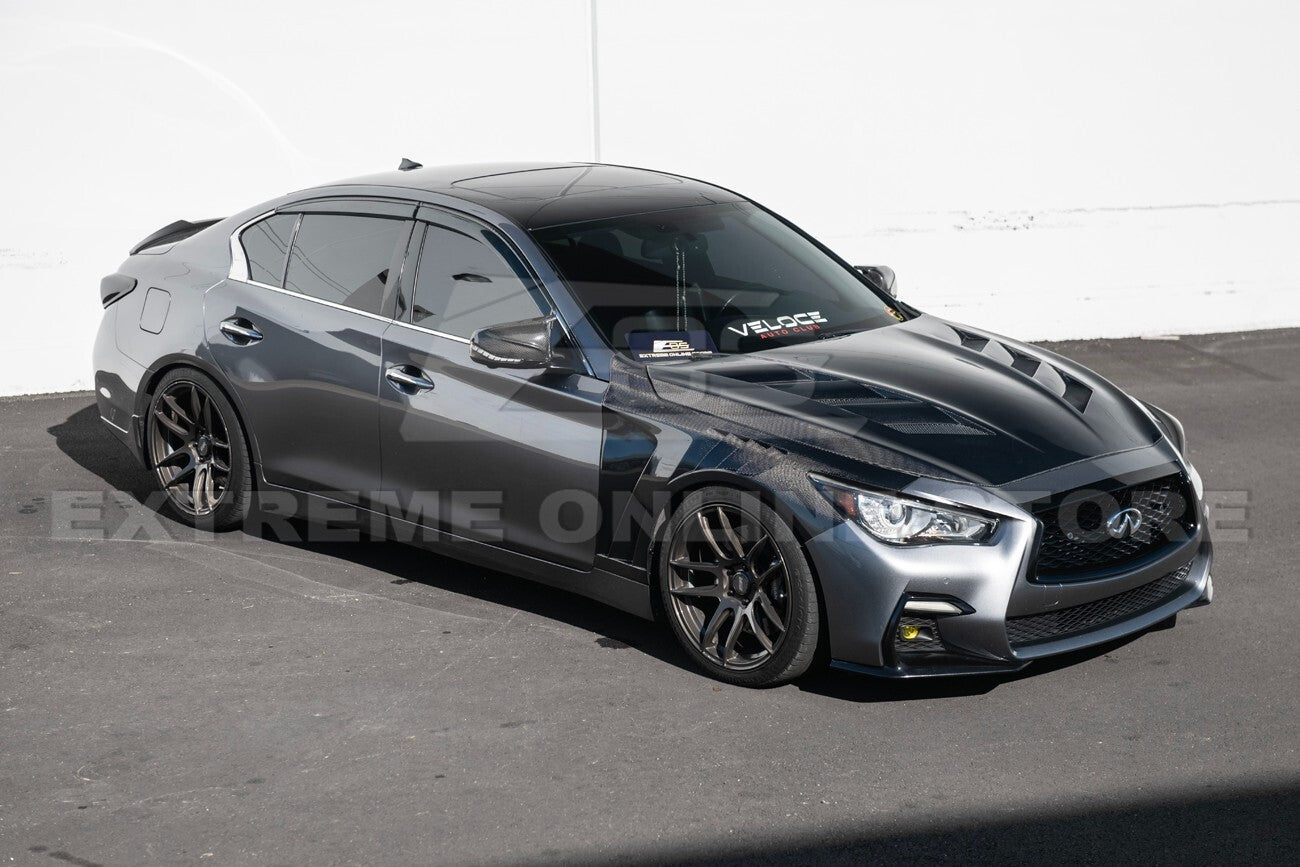 For 14-Up Infiniti Q50 CARBON FIBER Front Vented Hood Cover & Side Fender Pair