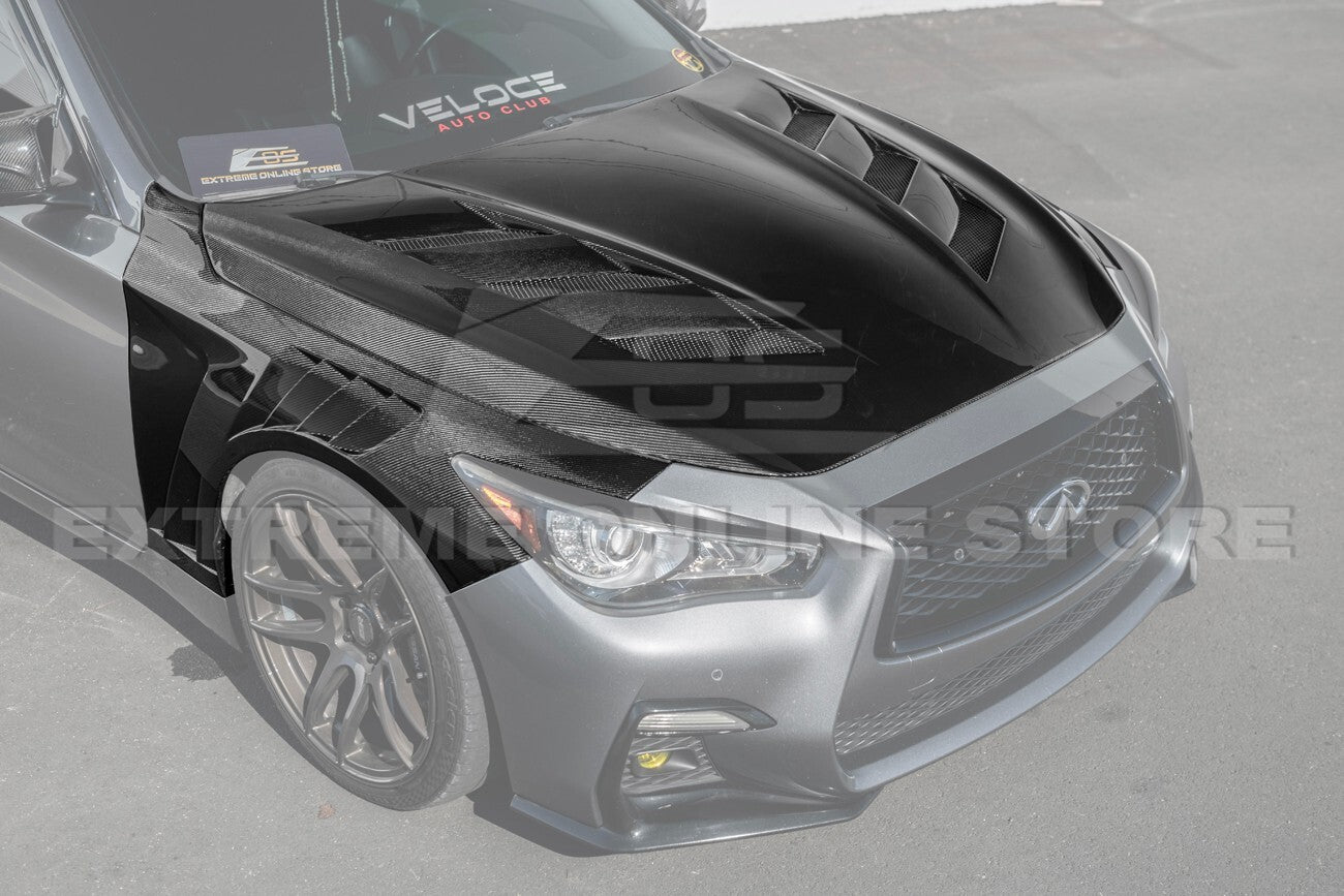 For 14-Up Infiniti Q50 CARBON FIBER Front Vented Hood Cover & Side Fender Pair