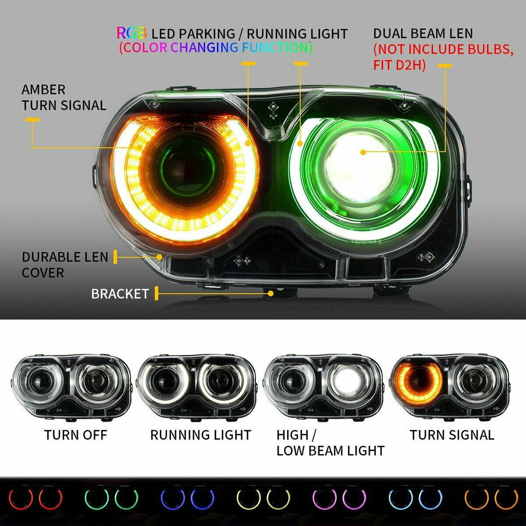 Pair LED Headlights RGB Color Change Lamps for 2015-2023 Dodge Challenger SE RT