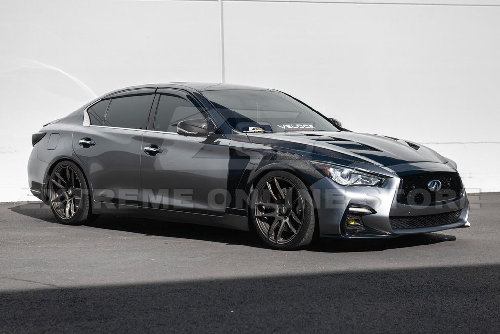 For 14-Up Infiniti Q50 CARBON FIBER Front Vented Hood Cover & Side Fender Pair