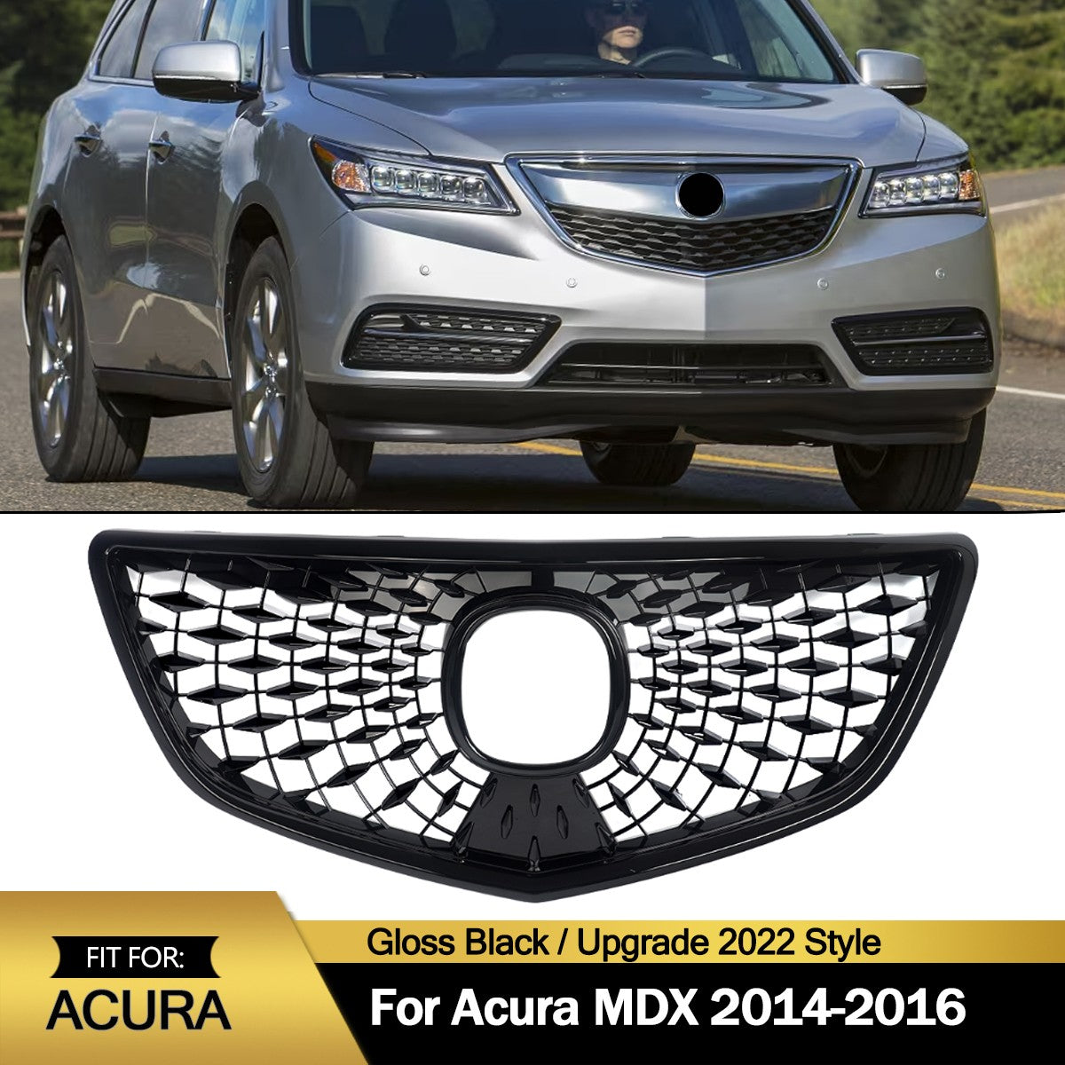 Upgrade 2022 Style Front Bumper Grille Grill for Acura MDX 2014-2016 Gloss Black
