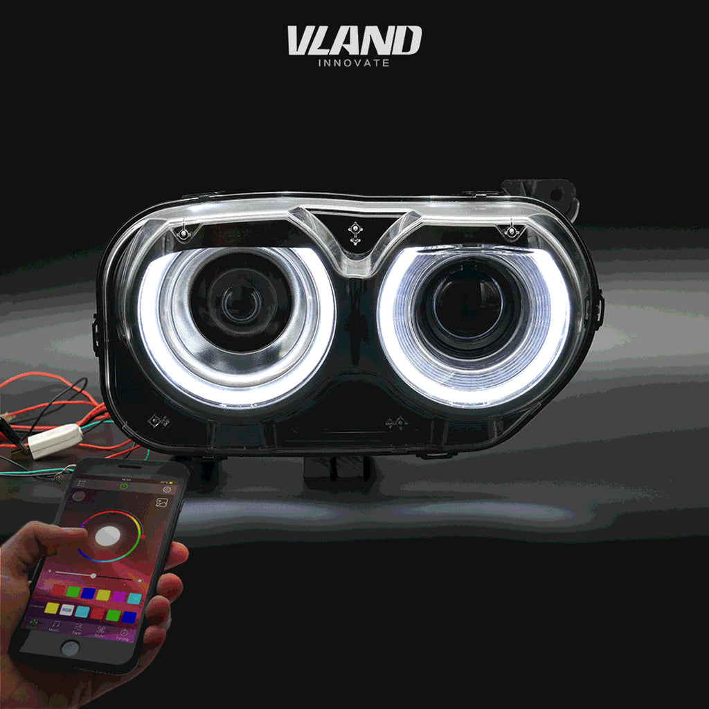 Pair LED Headlights RGB Color Change Lamps for 2015-2023 Dodge Challenger SE RT