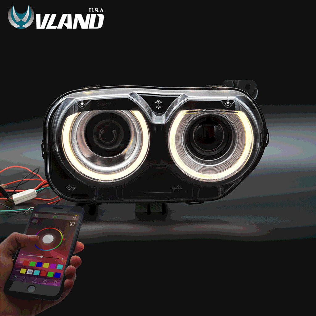 Pair LED Headlights RGB Color Change Lamps for 2015-2023 Dodge Challenger SE RT