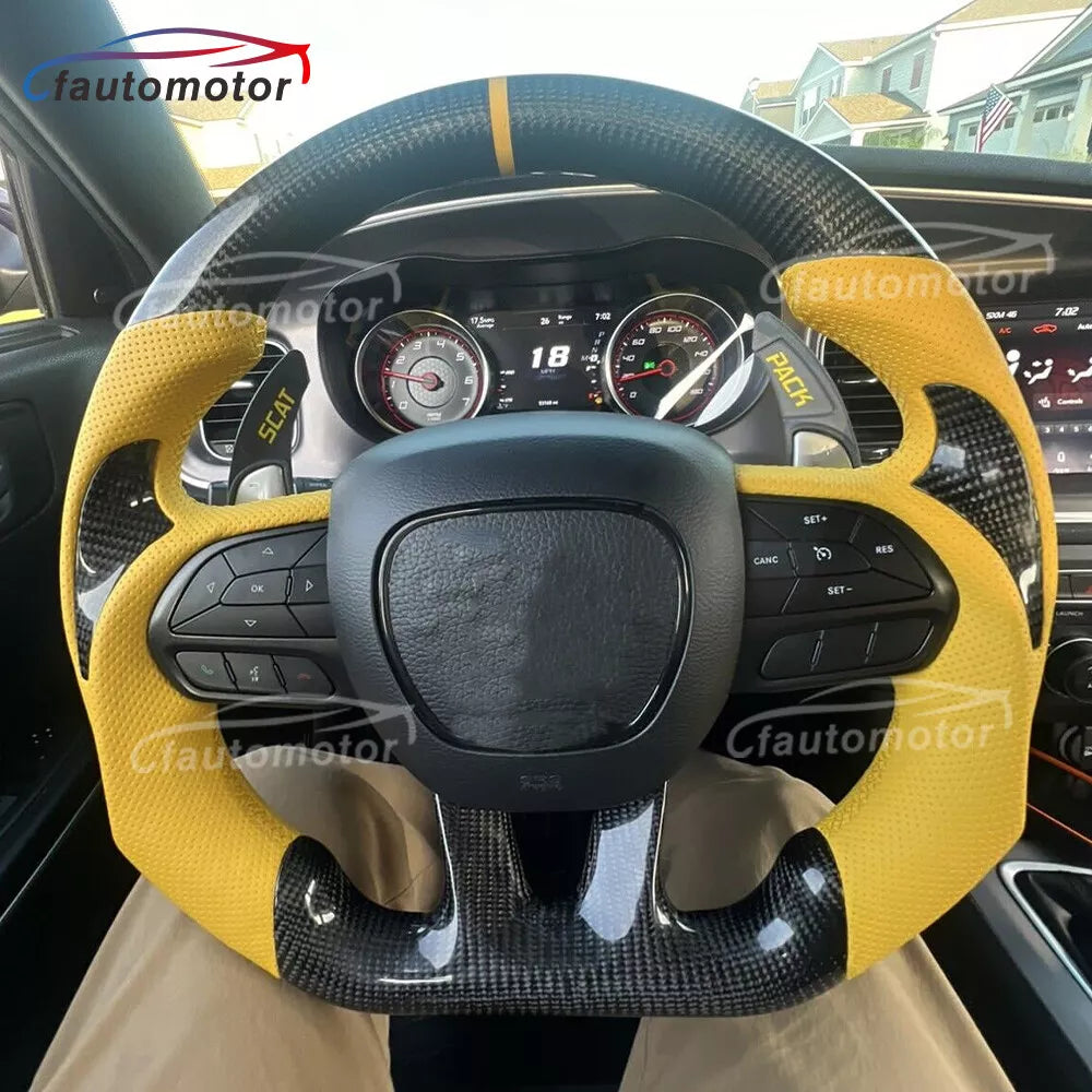 Real Carbon Fiber Steering Wheel Yellow Leather for 2015-2022 Chrysler 300 300C