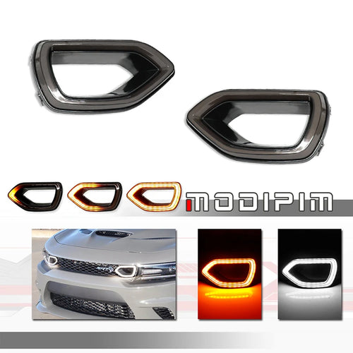 Amber Dynamic LED Front Grill Turn Signal Lights & White DRL for Dodge Charger Srt/Scat Pack 2015-2021 Daytona SXT R/T 2017-2021