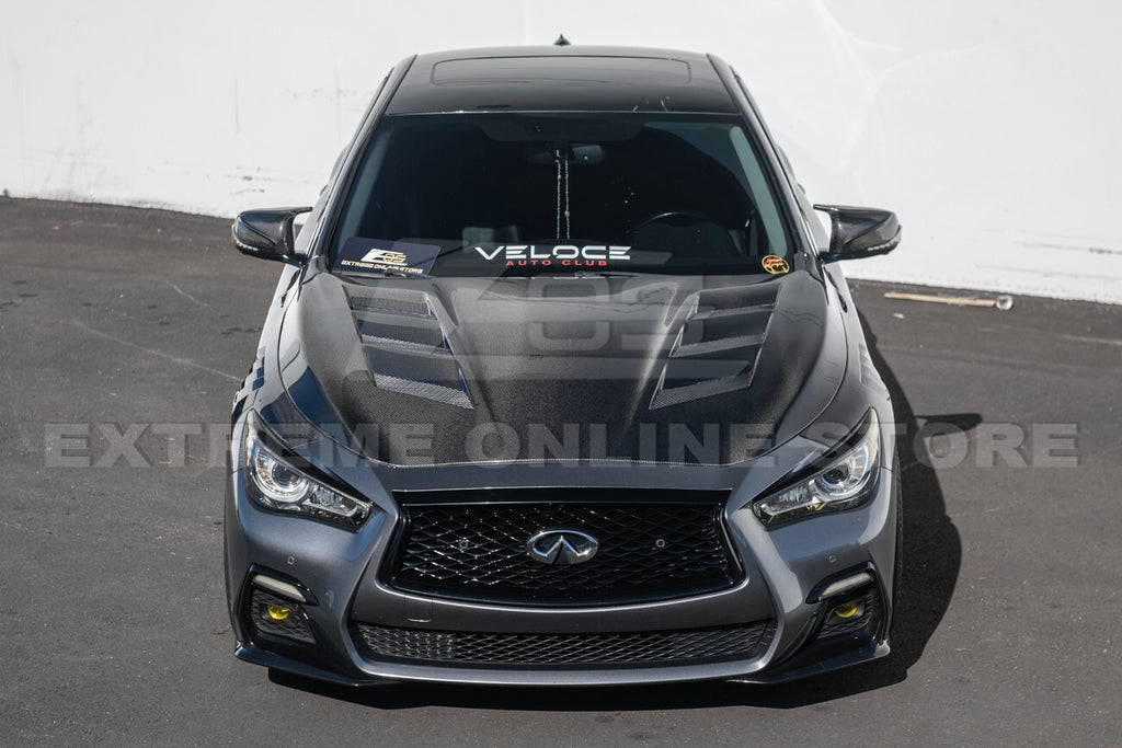For 14-Up Infiniti Q50 CARBON FIBER Front Vented Hood Cover & Side Fender Pair