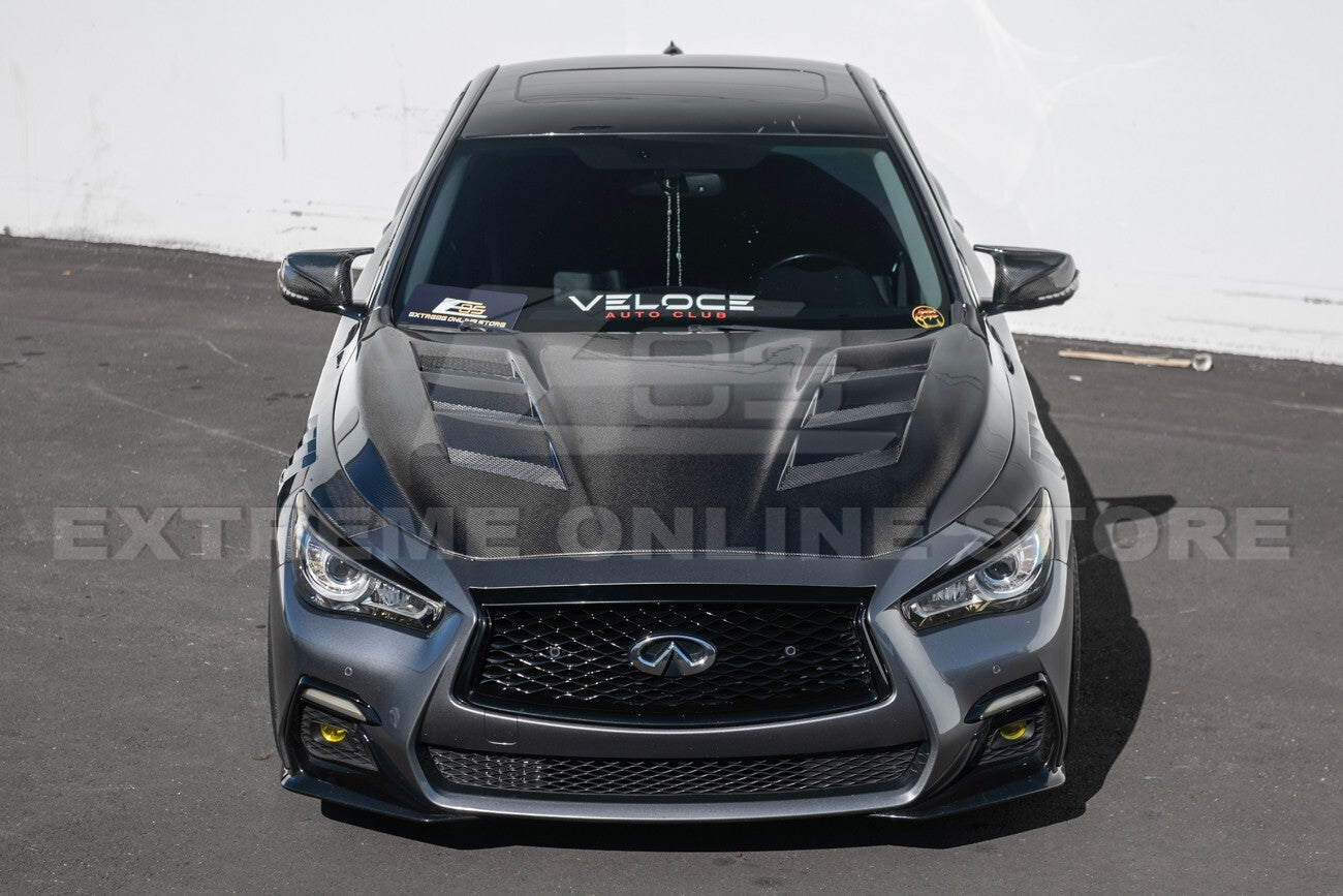 For 14-Up Infiniti Q50 CARBON FIBER Front Vented Hood Cover & Side Fender Pair
