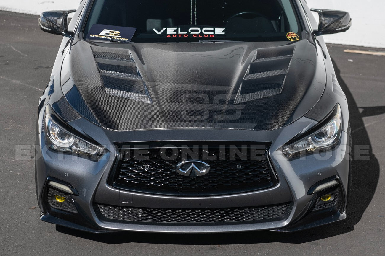 For 14-Up Infiniti Q50 CARBON FIBER Front Vented Hood Cover & Side Fender Pair