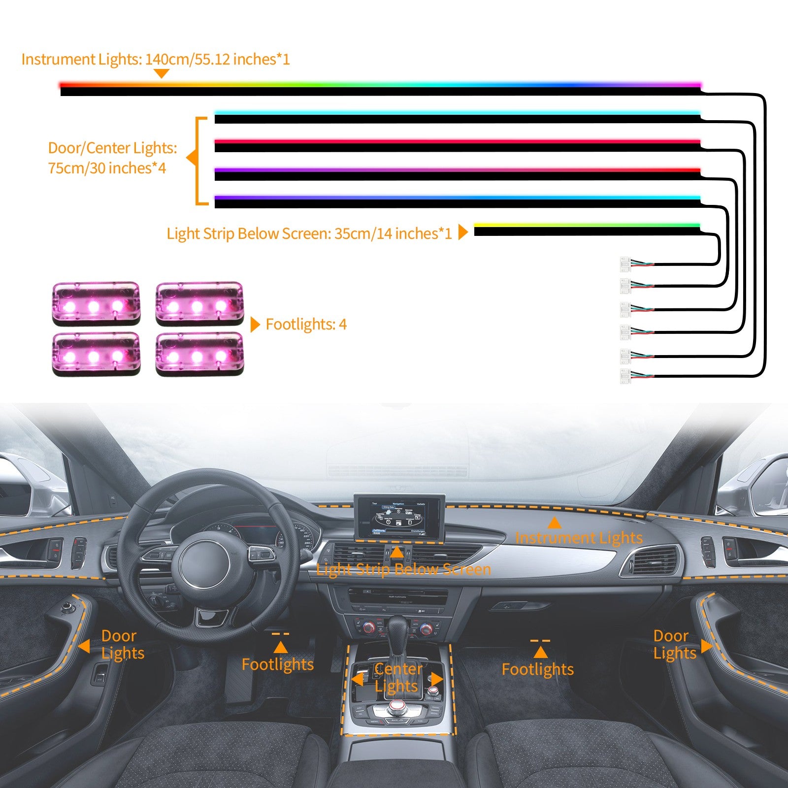 For Dodge Charger Challenger 10In1 RGB LED Interior Strip Light Atmosphere APP