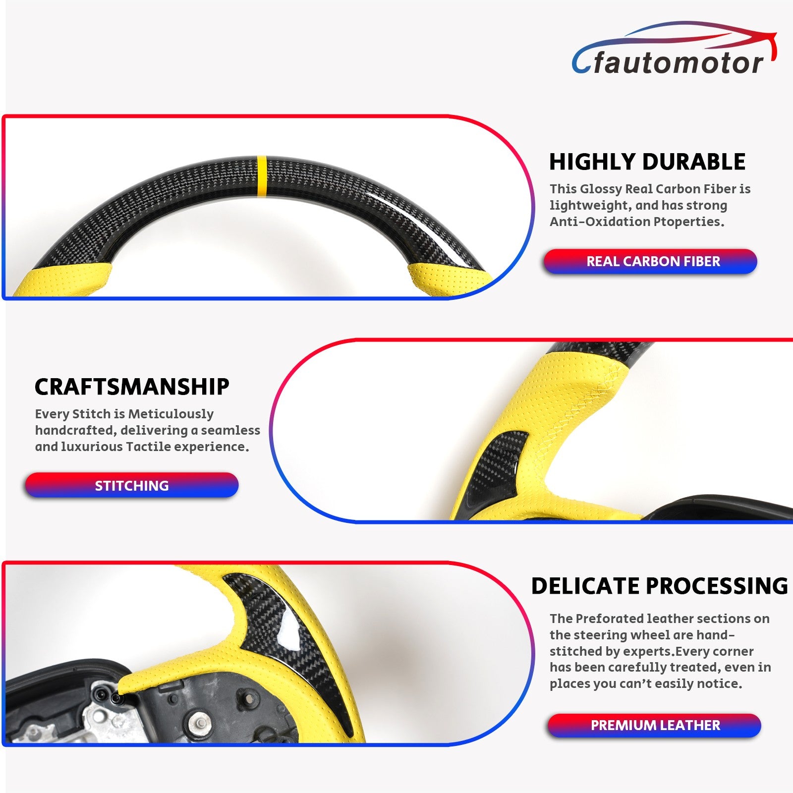 Real Carbon Fiber Steering Wheel Yellow Leather for 2015-2022 Chrysler 300 300C