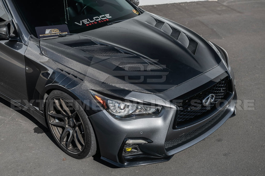 For 14-Up Infiniti Q50 CARBON FIBER Front Vented Hood Cover & Side Fender Pair