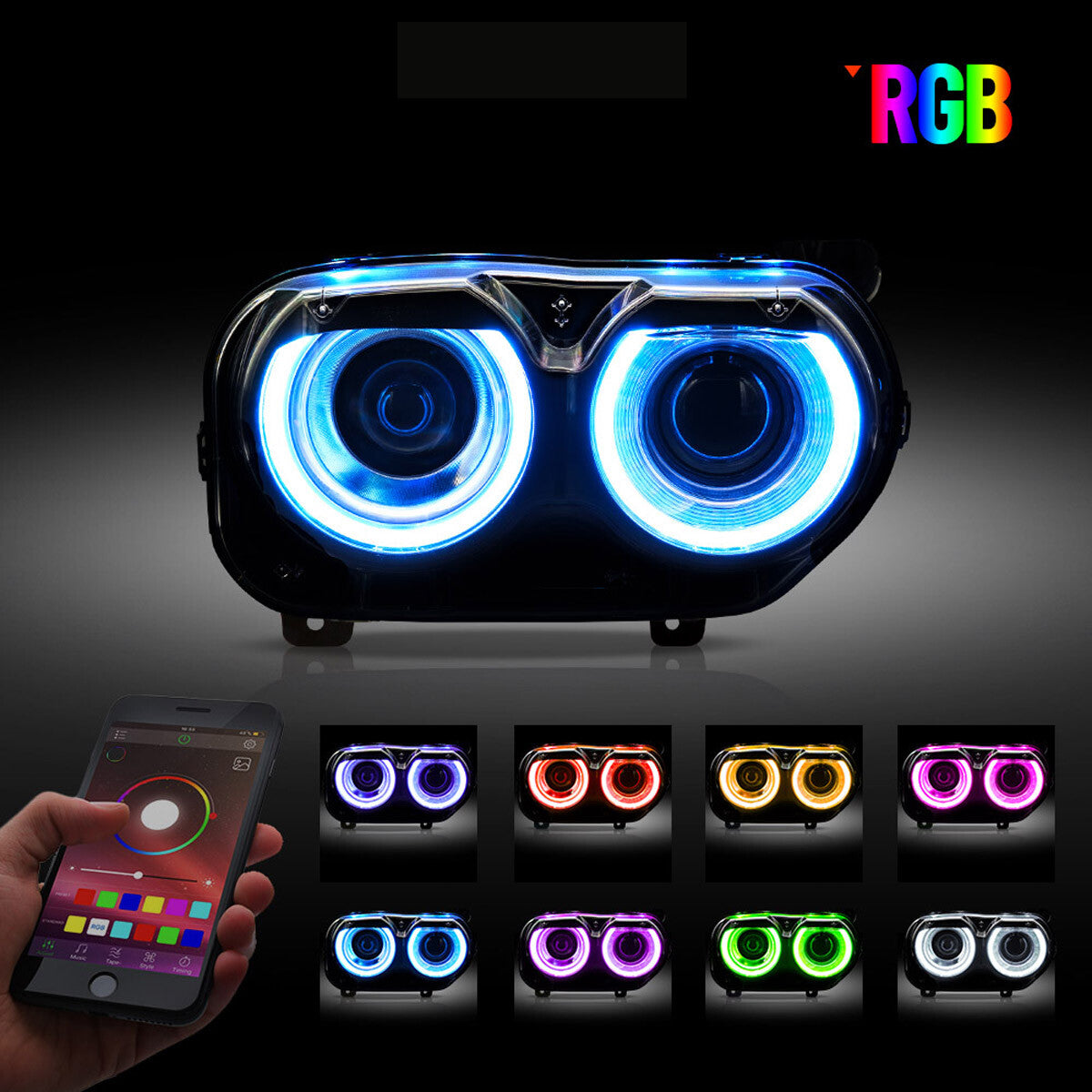 Pair LED Headlights RGB Color Change Lamps for 2015-2023 Dodge Challenger SE RT