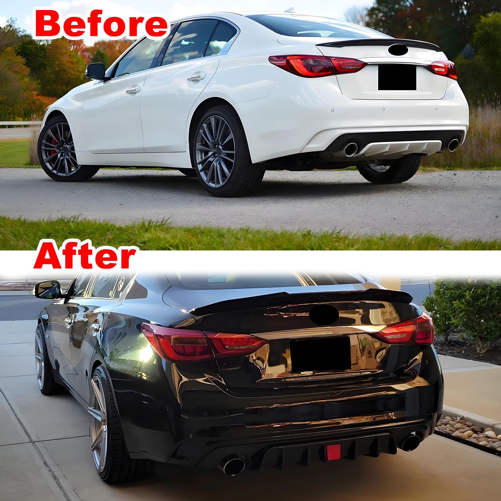 Rear Bumper Diffuser & Rear Spoiler Glossy Black Fit for 2014-2017 Infiniti Q50