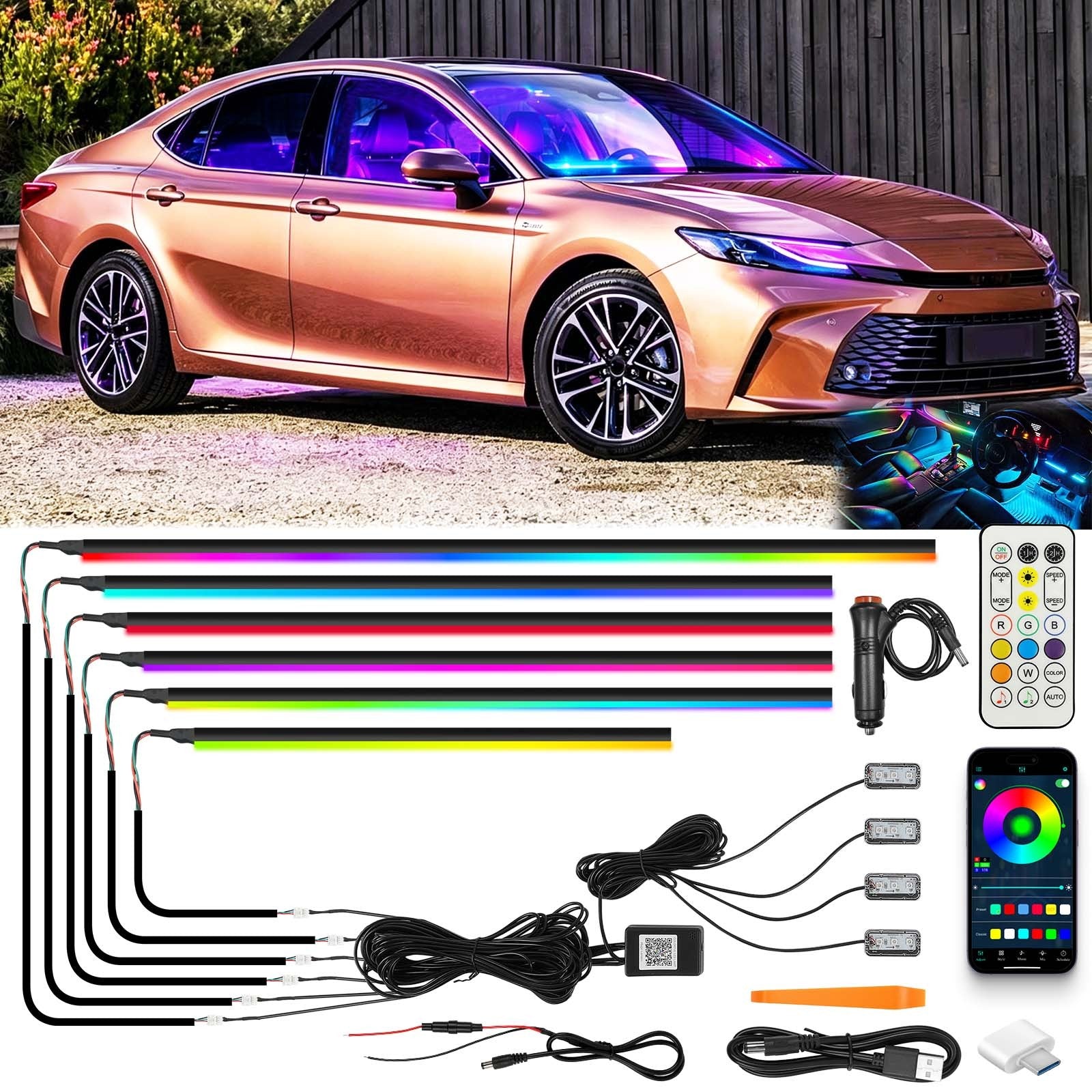 10 in 1/ 2 in 1 LED Neon Interior Strip Light RGB Ambient Light for Toyota Camry