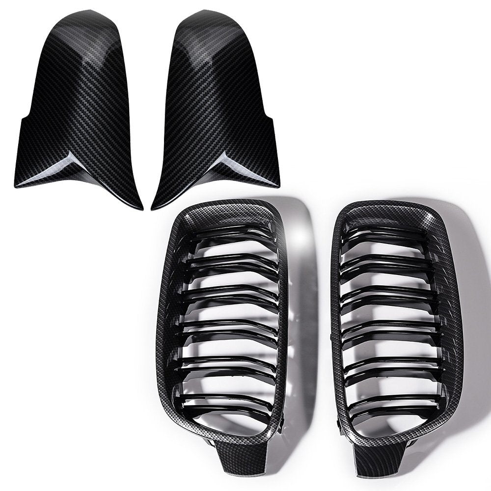 Carbon Fiber Kidney Grill +Side Mirror Cover Cap for 12-18 BMW F30 F31 328I 335I