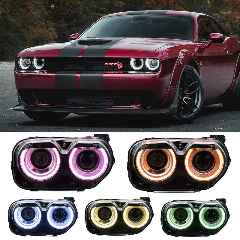 Pair LED Headlights RGB Color Change Lamps for 2015-2023 Dodge Challenger SE RT