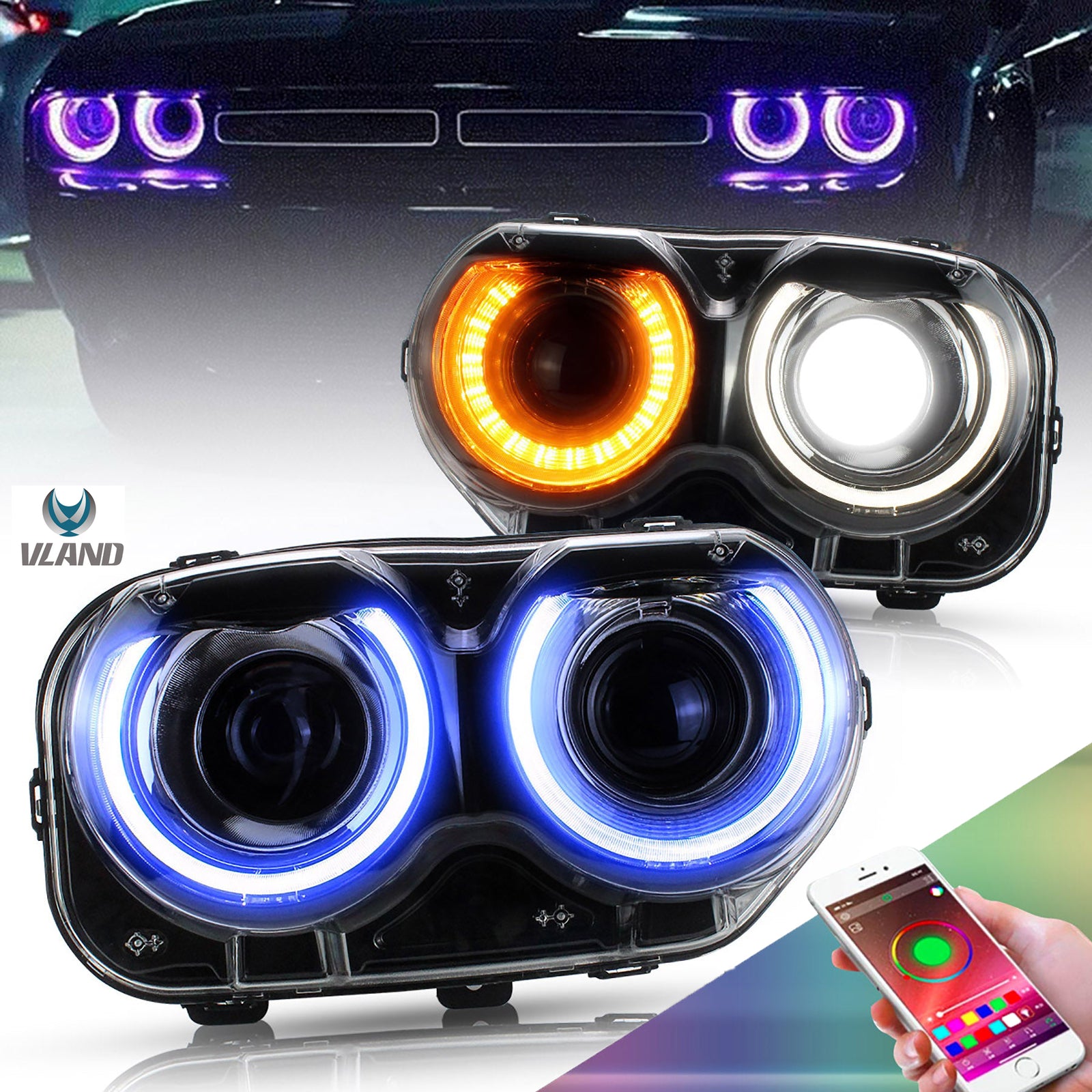 Pair LED Headlights RGB Color Change Lamps for 2015-2023 Dodge Challenger SE RT