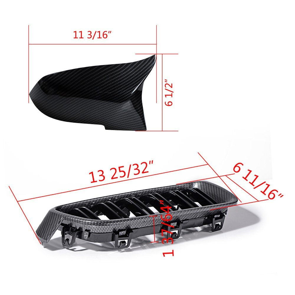 Carbon Fiber Kidney Grill +Side Mirror Cover Cap for 12-18 BMW F30 F31 328I 335I