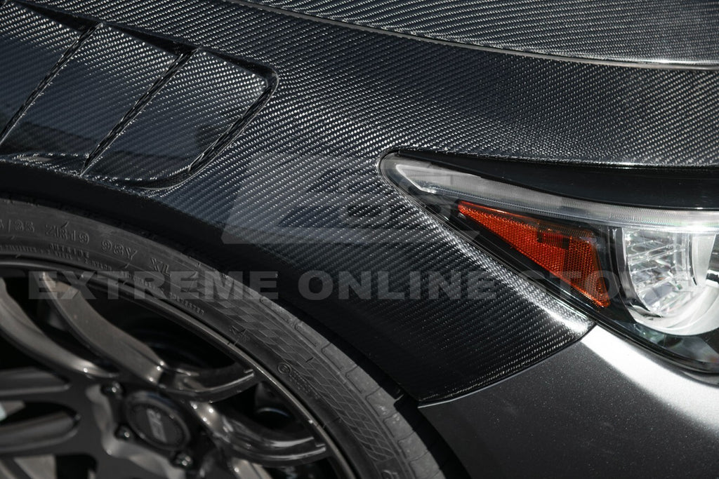 For 14-Up Infiniti Q50 CARBON FIBER Front Vented Hood Cover & Side Fender Pair