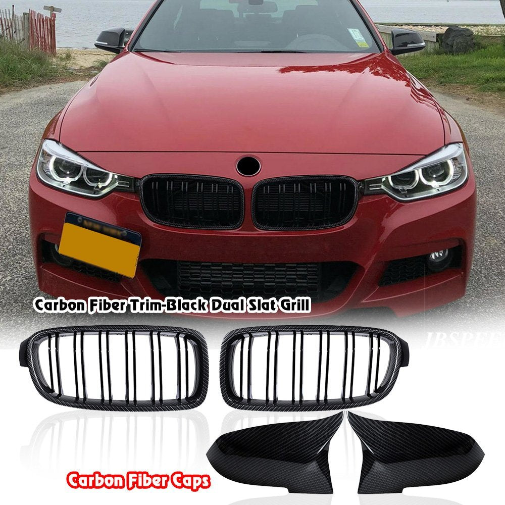 Carbon Fiber Kidney Grill +Side Mirror Cover Cap for 12-18 BMW F30 F31 328I 335I