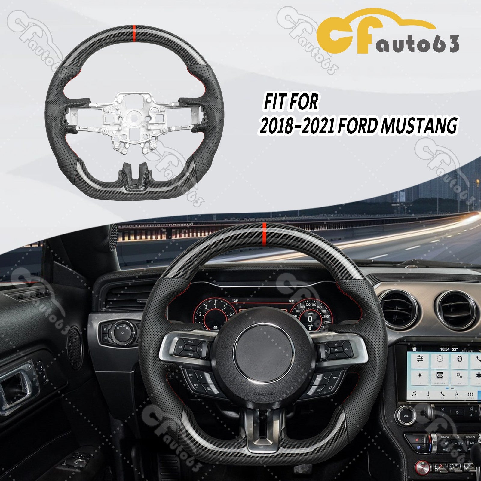 HYDRO DIP Carbon Fiber Steering Wheel Fit for 2018-2023 Ford Mustang GT Red Line