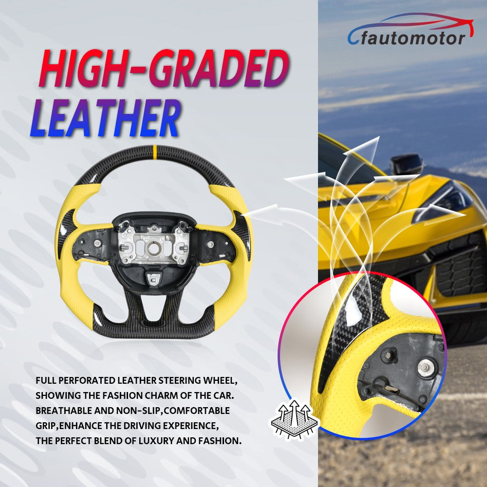 Real Carbon Fiber Steering Wheel Yellow Leather for 2015-2022 Chrysler 300 300C