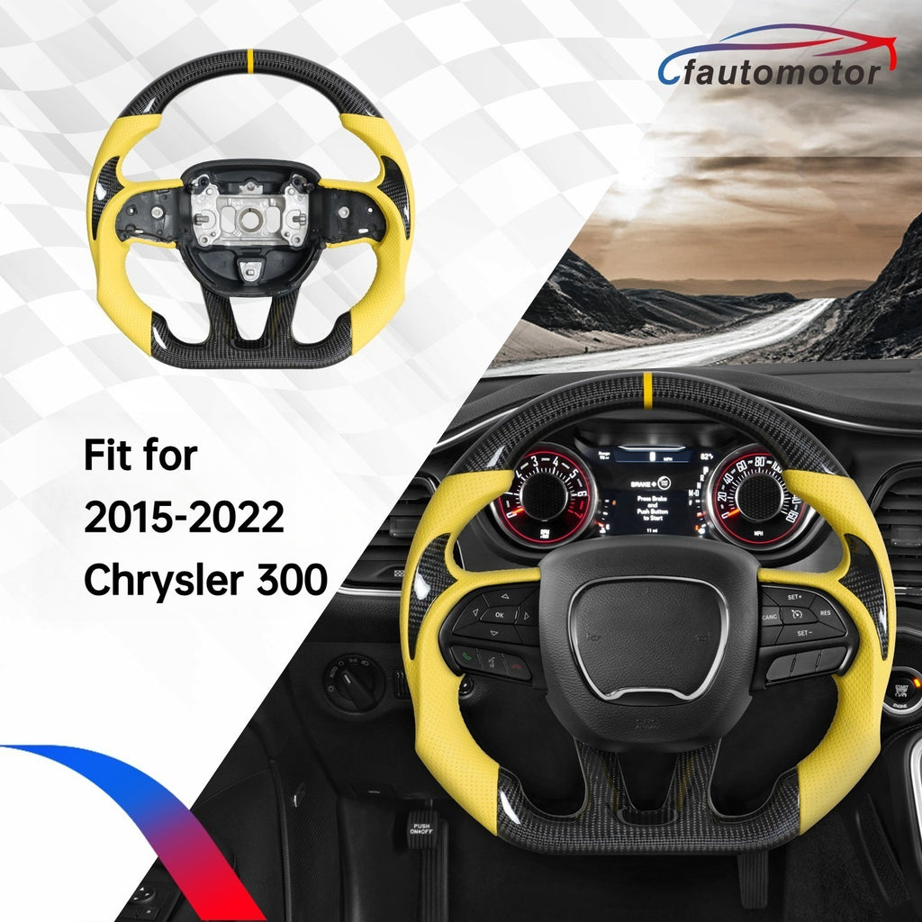 Real Carbon Fiber Steering Wheel Yellow Leather for 2015-2022 Chrysler 300 300C