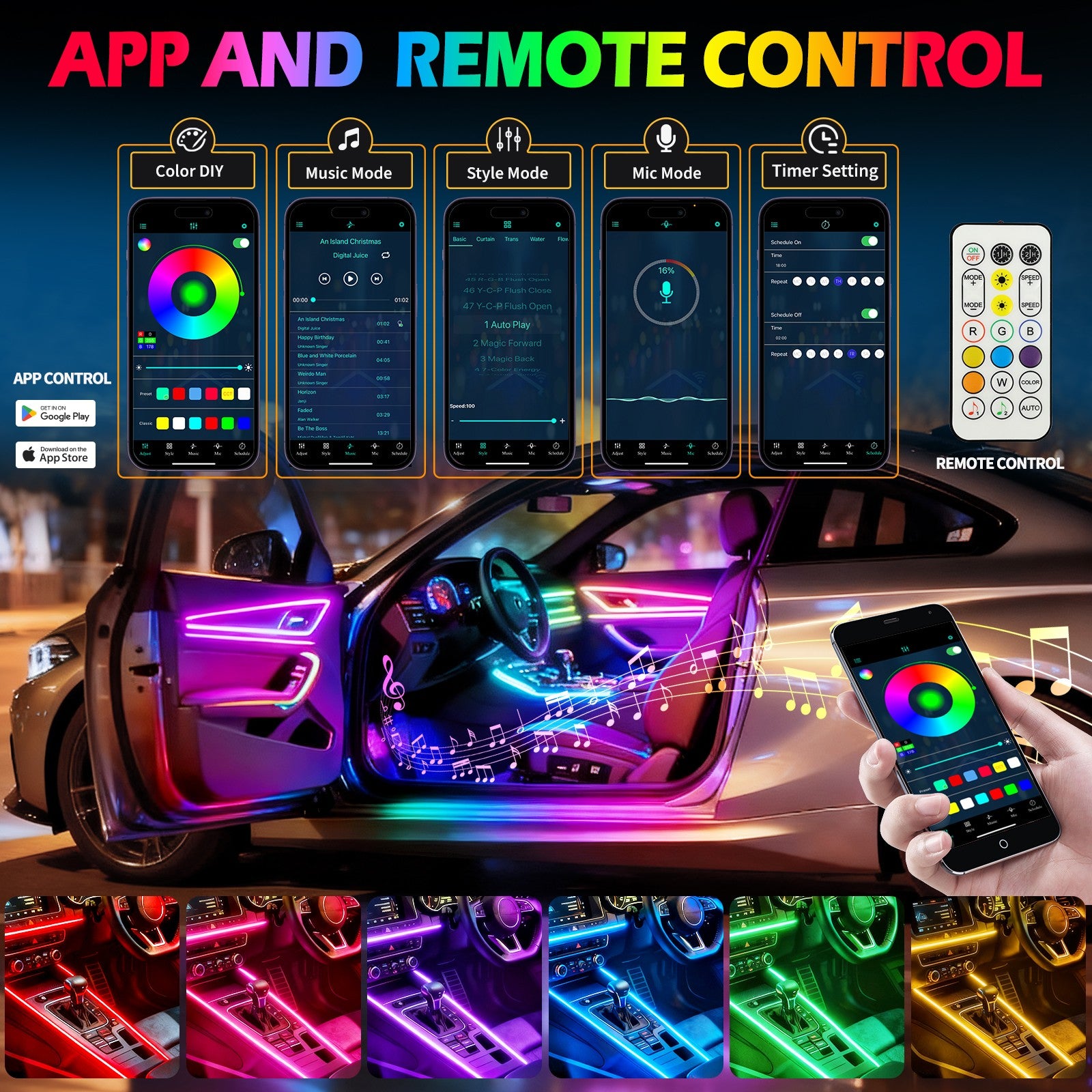 For Dodge Charger Challenger 10In1 RGB LED Interior Strip Light Atmosphere APP