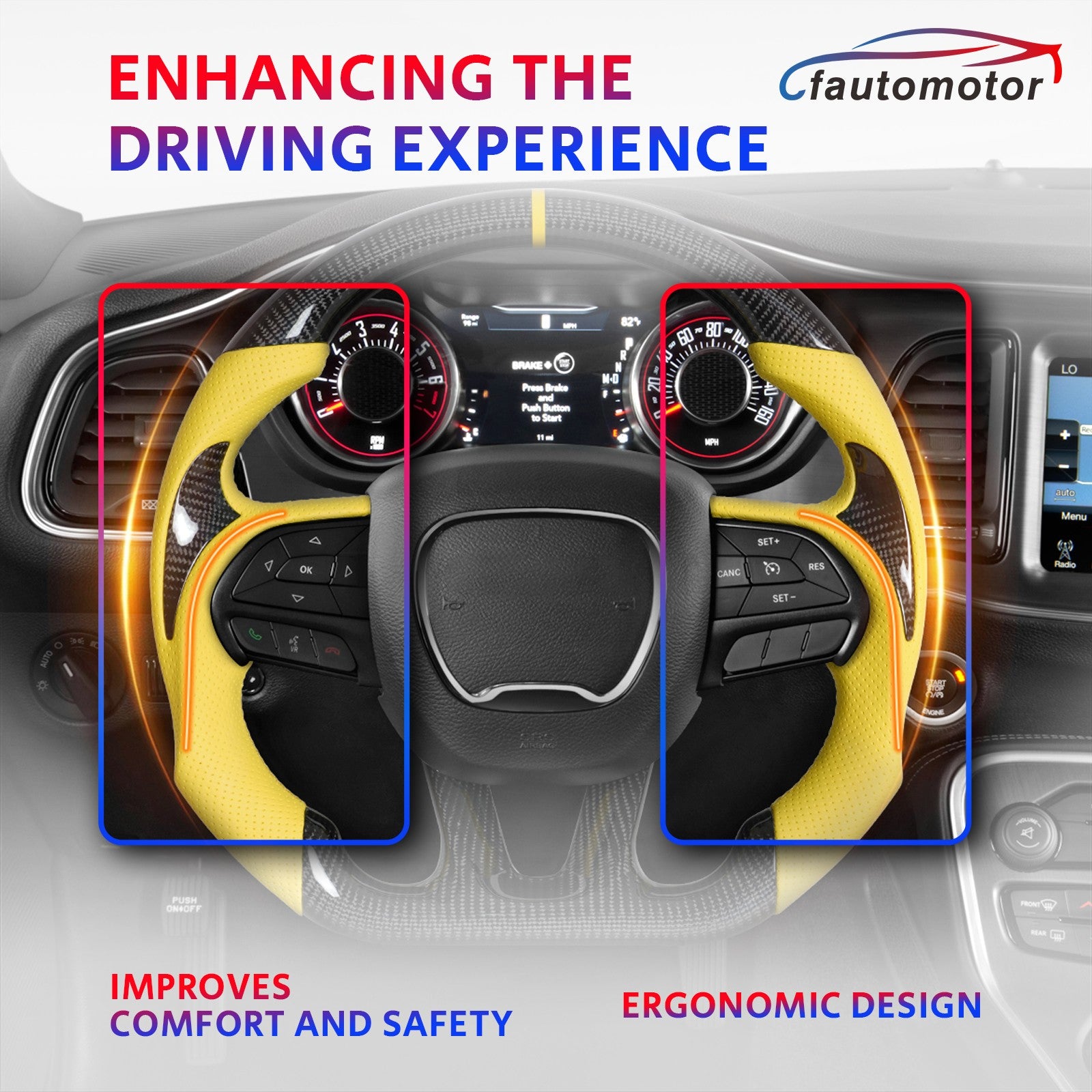 Real Carbon Fiber Steering Wheel Yellow Leather for 2015-2022 Chrysler 300 300C