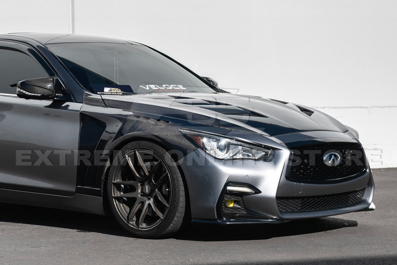 For 14-Up Infiniti Q50 CARBON FIBER Front Vented Hood Cover & Side Fender Pair