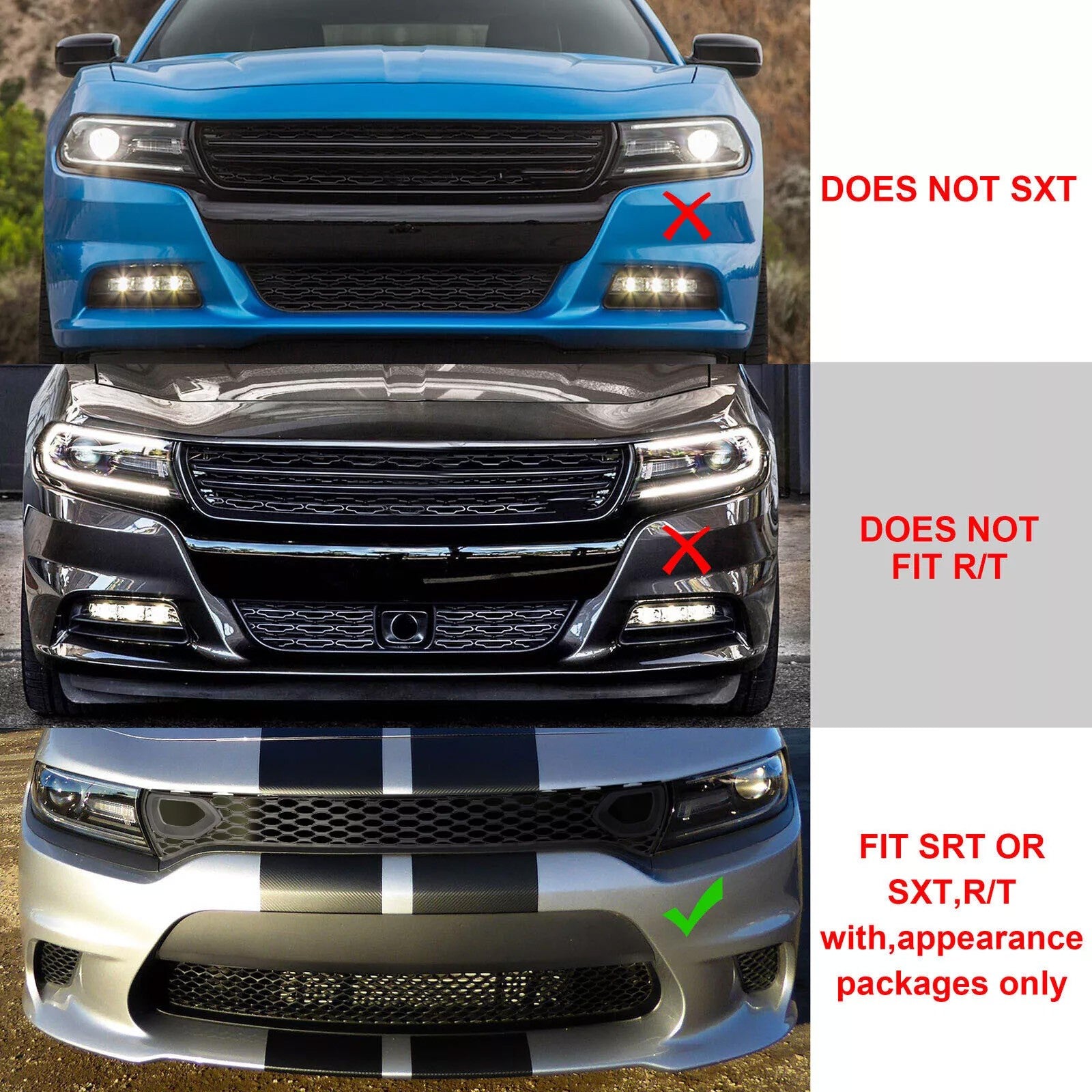 For 2015-23 DODGE CHARGER RT SCAT PACK SRT STYLE Front Upper + Lower Grille Kit